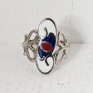Silver Swirled Ring With White Blue and Red Enamel Unique Filigree Size 7.75